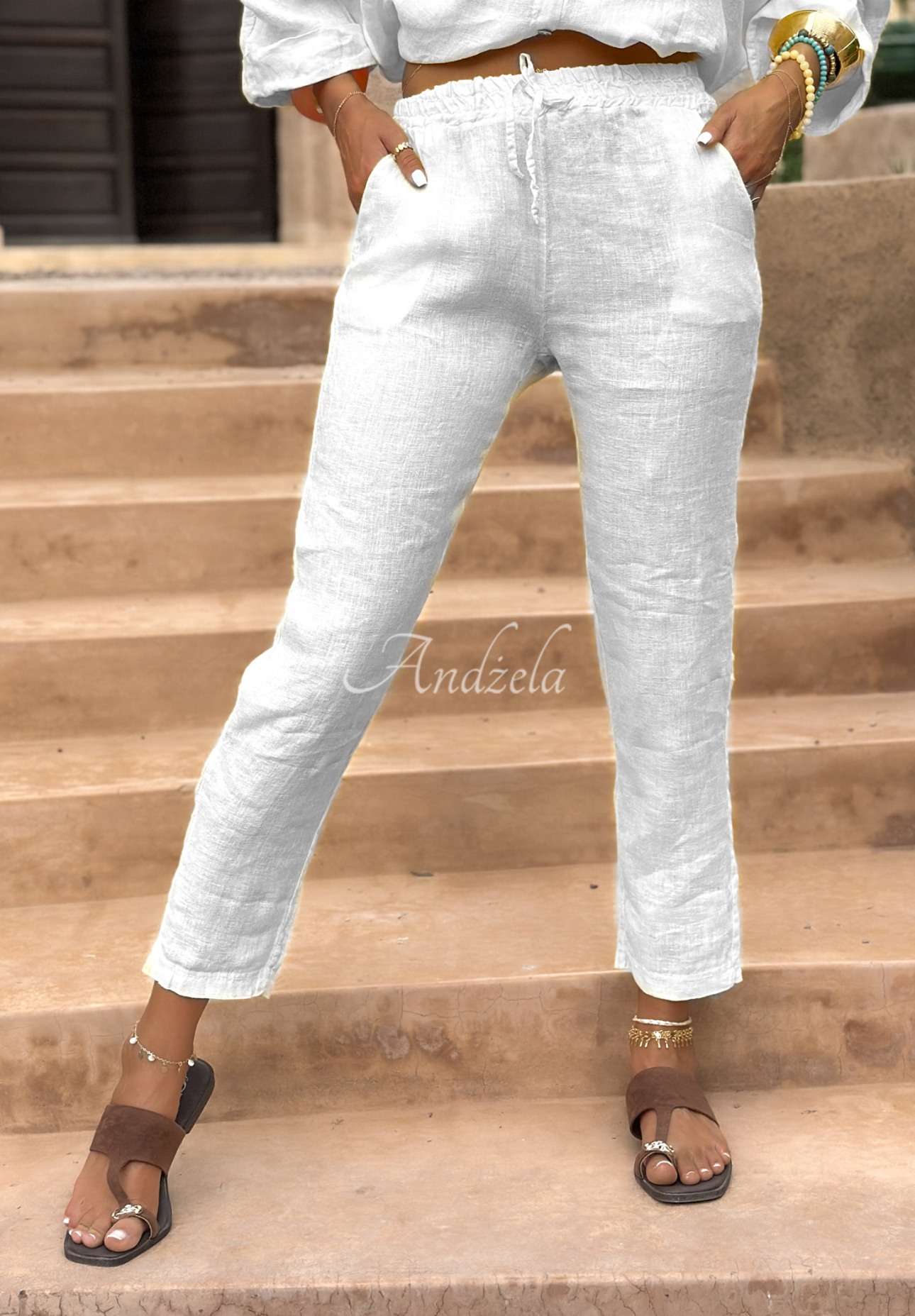Pantaloni din in Summery Essentials cu legare