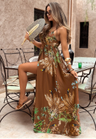 Rochie maxi na ramiączkach cu modele Jungle Escape ciocolatie