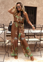 Pantaloni wide leg cu modele Jungle Escape ciocolatii