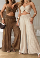 Compleu krótki Top  i Pantaloni wide leg w paski Vina Del Mar ciocolatiu