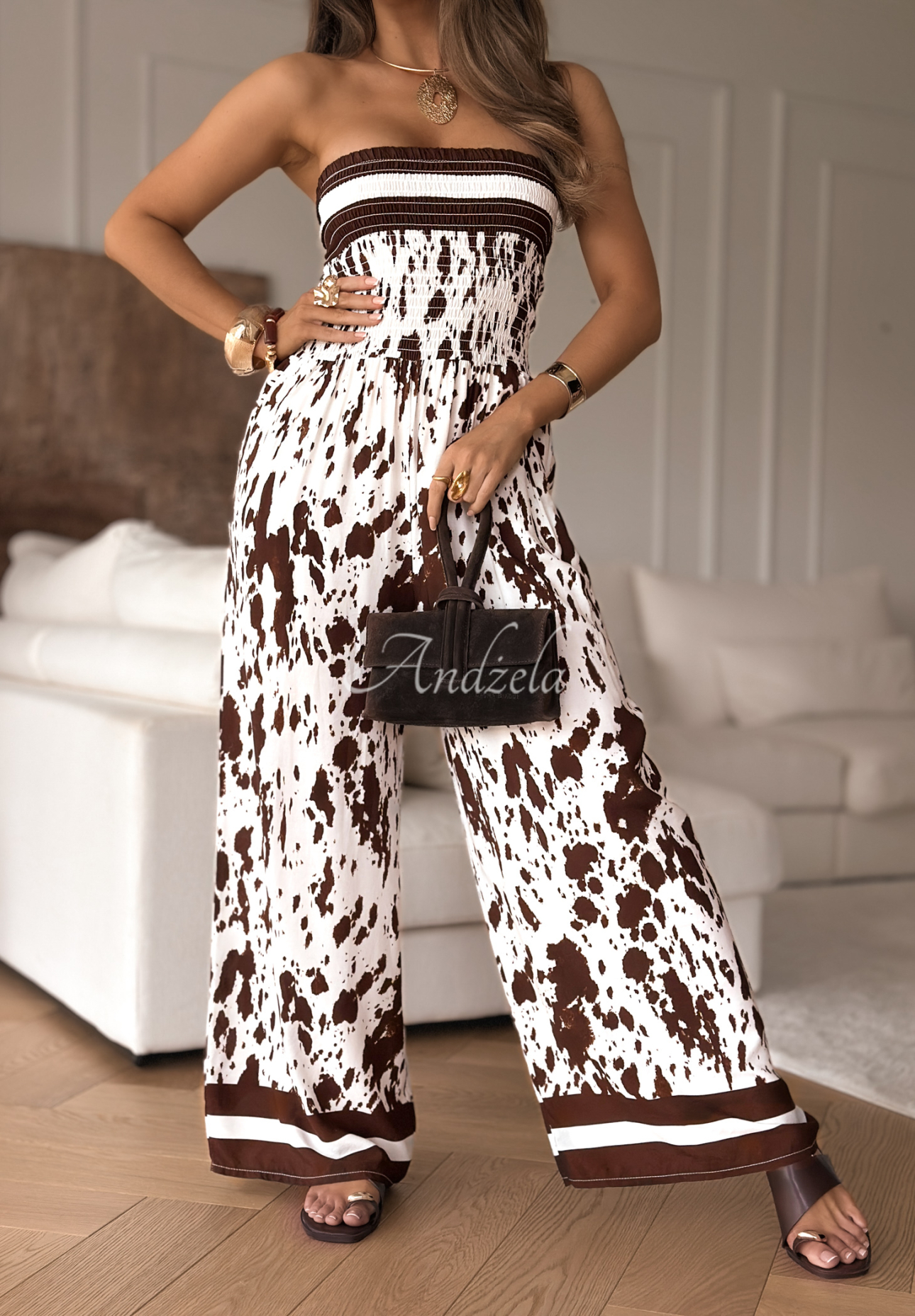 Salopetă lungă wide leg din viscoză Wild Fusion cu imprimeu animal