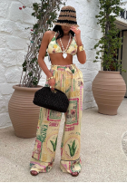 Pantaloni wide leg cu modele La Milla Sunbathing Today galben banană