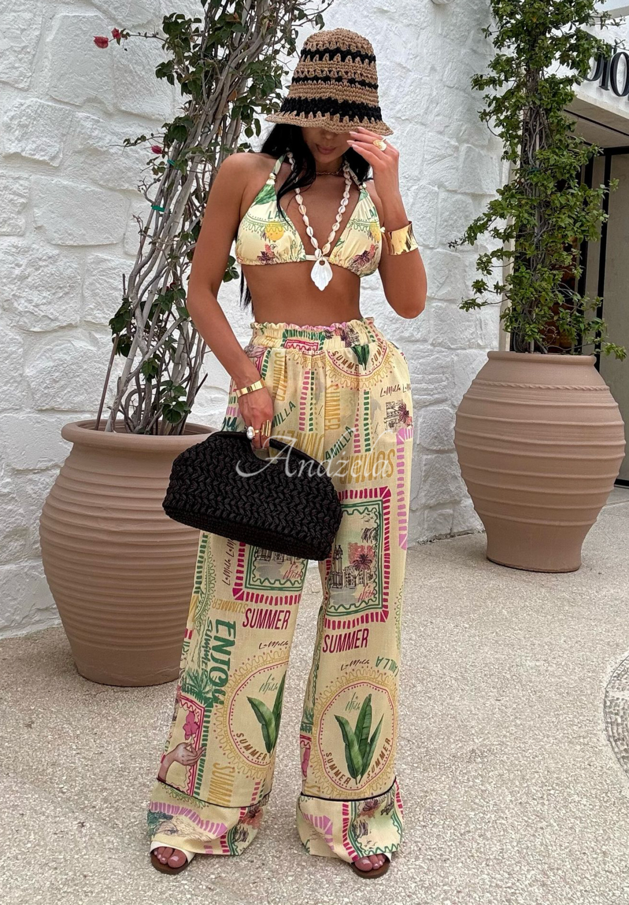 Pantaloni wide leg din in La Milla Sunbathing Today cu imprimeu