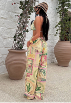 Pantaloni wide leg cu modele La Milla Sunbathing Today galben banană