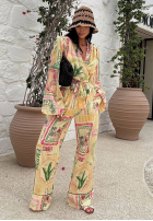 Pantaloni wide leg cu modele La Milla Sunbathing Today galben banană