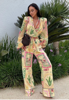 Pantaloni wide leg cu modele La Milla Sunbathing Today galben banană