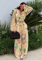 Pantaloni wide leg cu modele La Milla Sunbathing Today galben banană