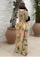 Pantaloni wide leg cu modele La Milla Sunbathing Today galben banană