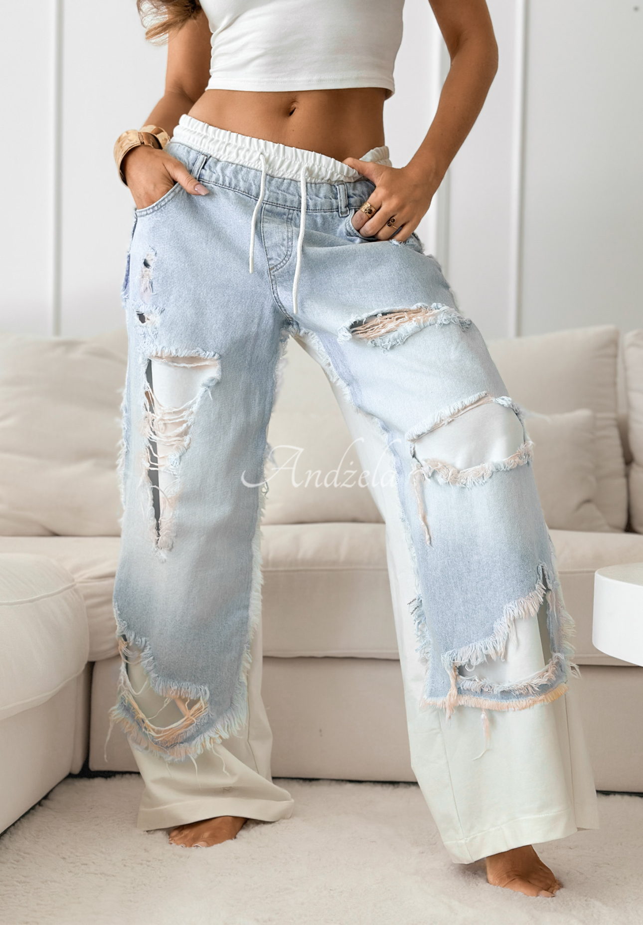 Pantaloni tip trening și denim Reversion cu abraziuni
