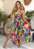 Wzorzysta Rochie maxi na ramiączkach Paradise Rainbow żółto-verde