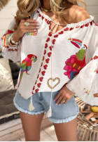 Bluză cu modele Lovely Parrots jasnobeżowa
