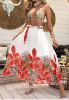 Pantaloni wide leg cu modele Ruby Leaves biało-roșii