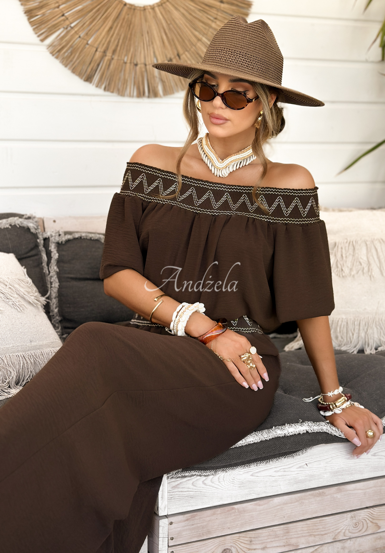 Set brodat Summer Life format din bluză și pantaloni wide leg