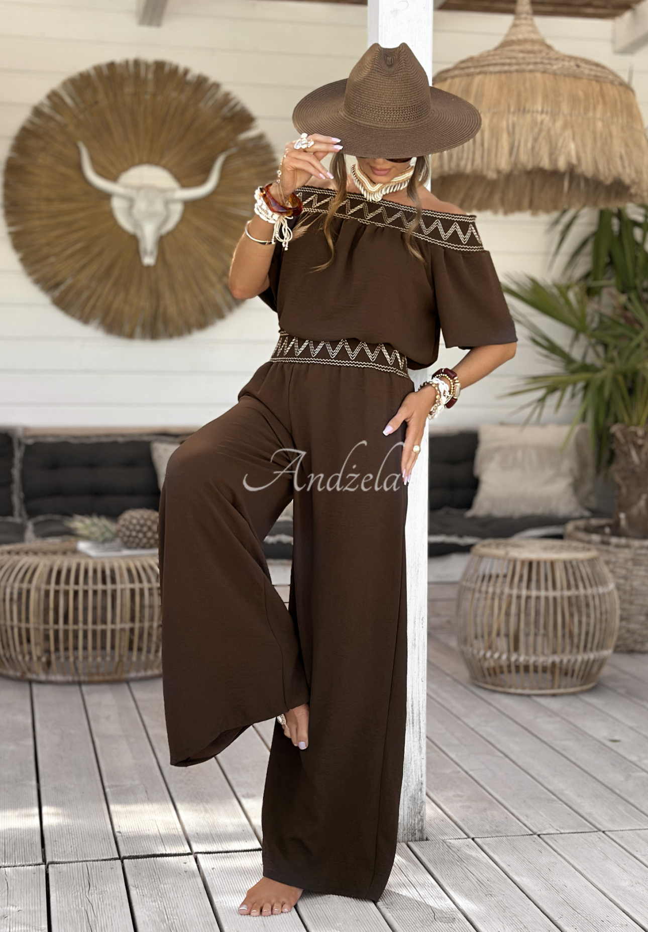 Set brodat Summer Life format din bluză și pantaloni wide leg