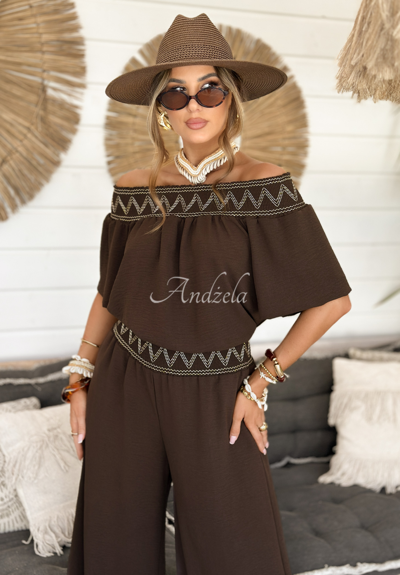 Set brodat Summer Life format din bluză și pantaloni wide leg