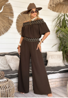 Haftowany Compleu Bluză i Pantaloni wide leg Summer Life ciocolatiu