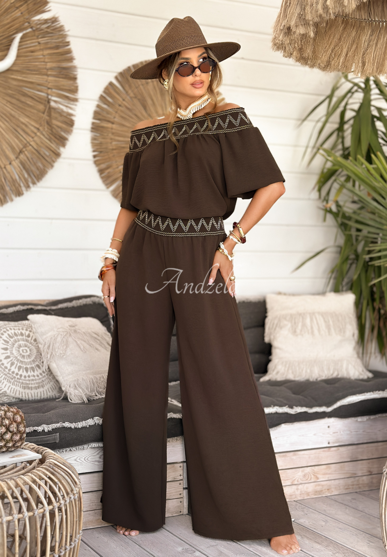 Set brodat Summer Life format din bluză și pantaloni wide leg