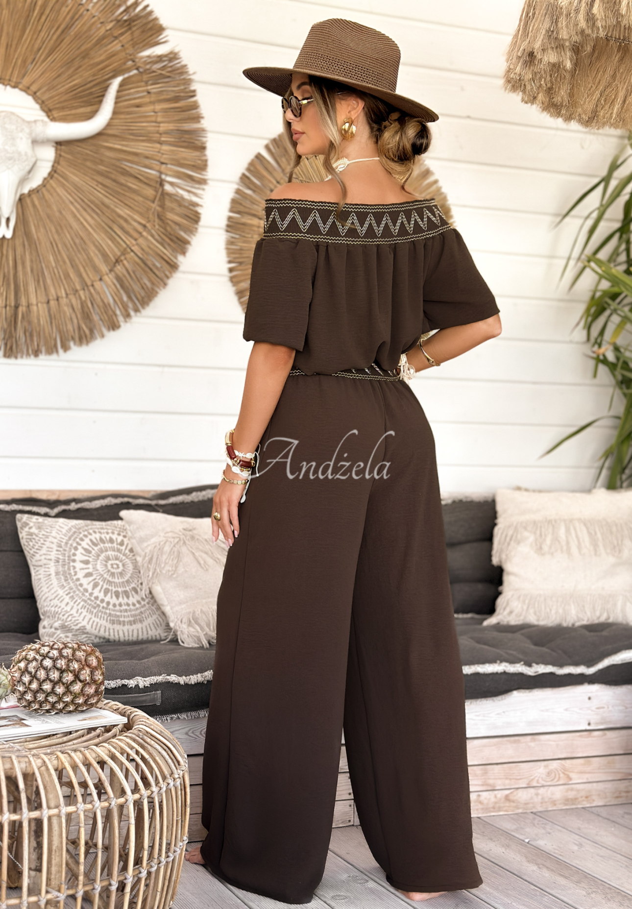 Set brodat Summer Life format din bluză și pantaloni wide leg