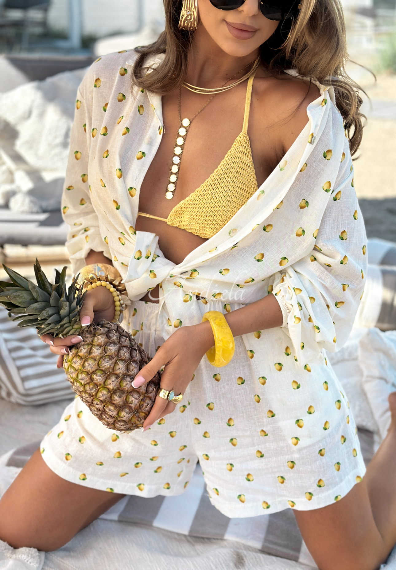 Compleu din in cu lămâi Fresh Lemon Juice format din cămașă și pantaloni scurți