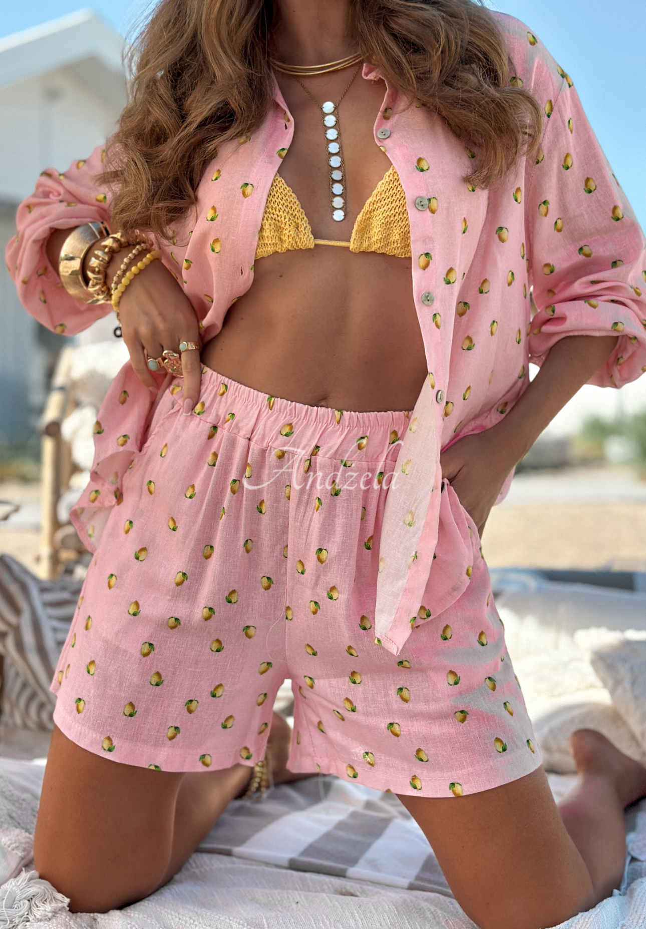 Compleu din in cu lămâi Fresh Lemon Juice format din cămașă și pantaloni scurți