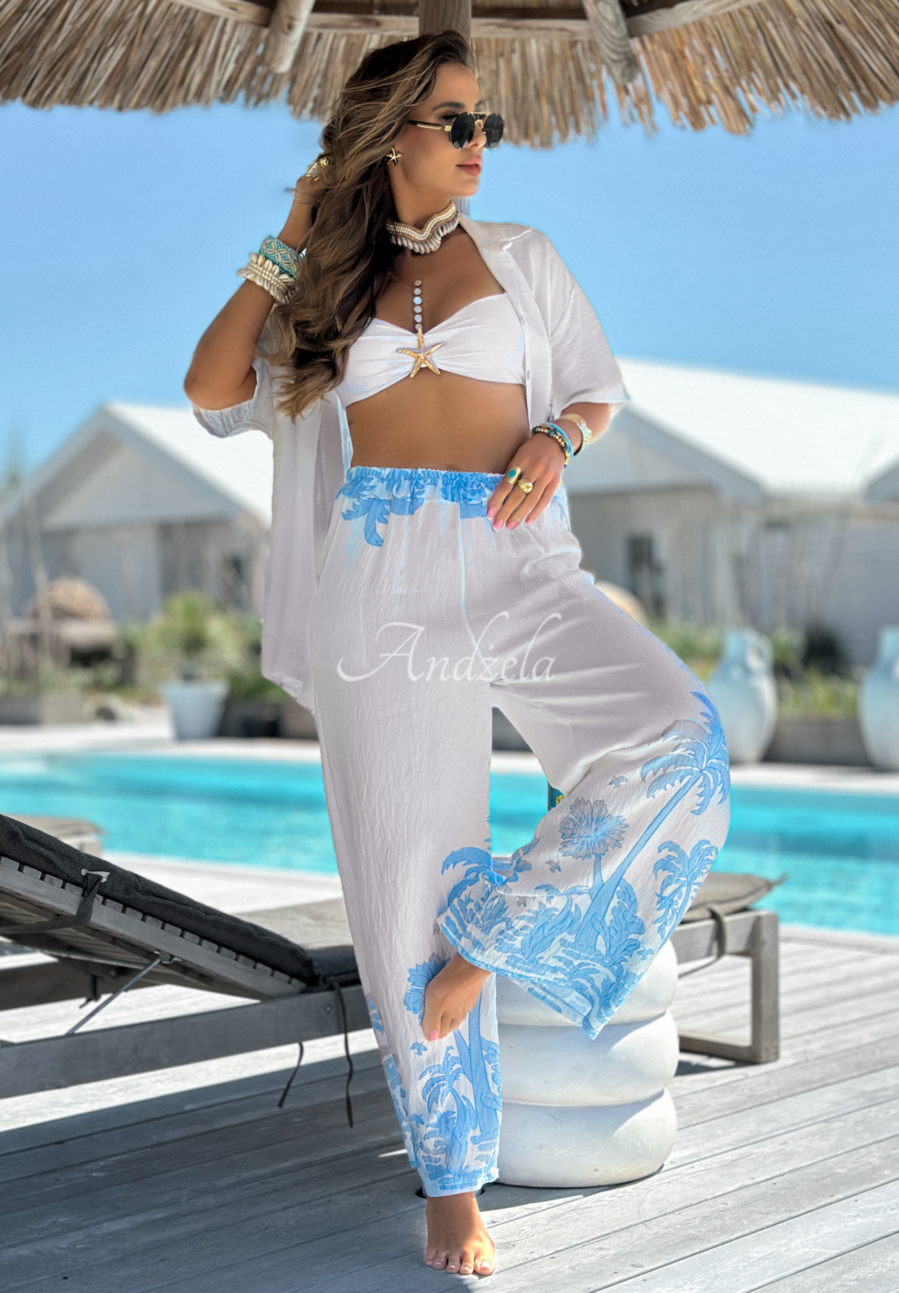 Compleu din viscoză Las Palmas format din cămașă și pantaloni wide leg