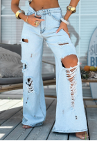 Pantaloni din denim wide leg z przetarciami Stunning Choice albastru deschis