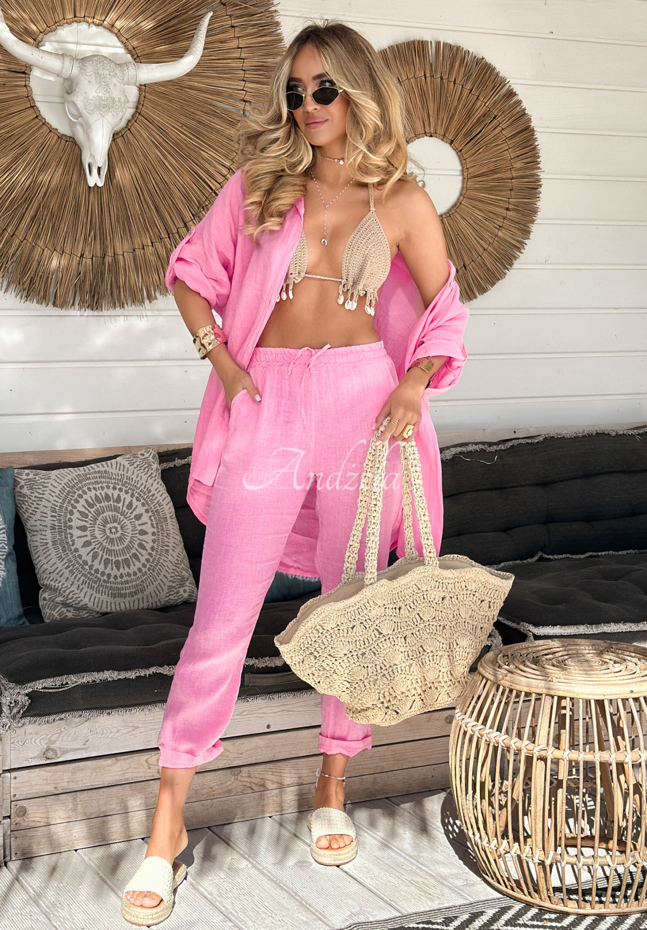 Pantaloni din in Summery Essentials cu legare