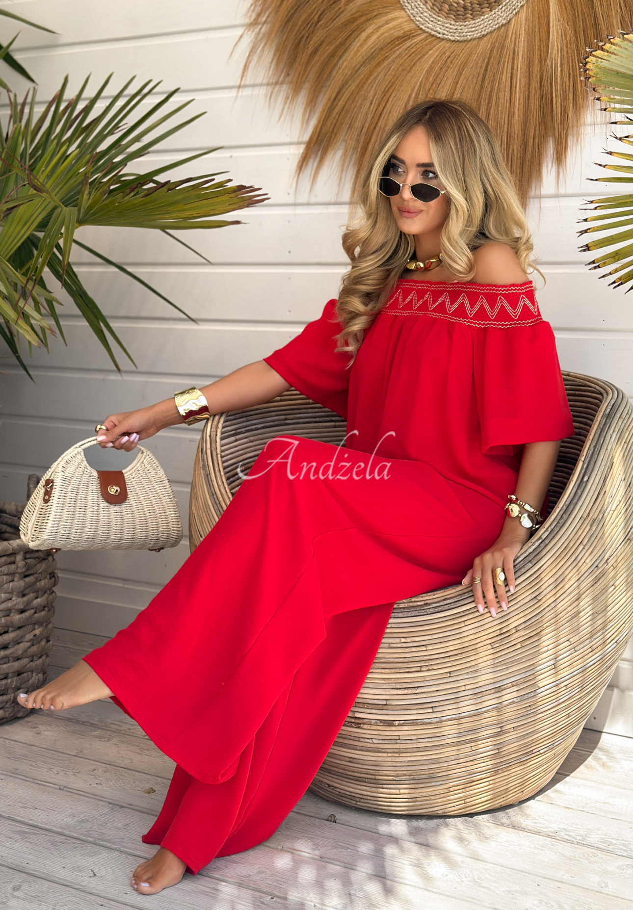 Set brodat Summer Life format din bluză și pantaloni wide leg
