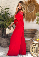 Haftowany Compleu Bluză i Pantaloni wide leg Summer Life roșu
