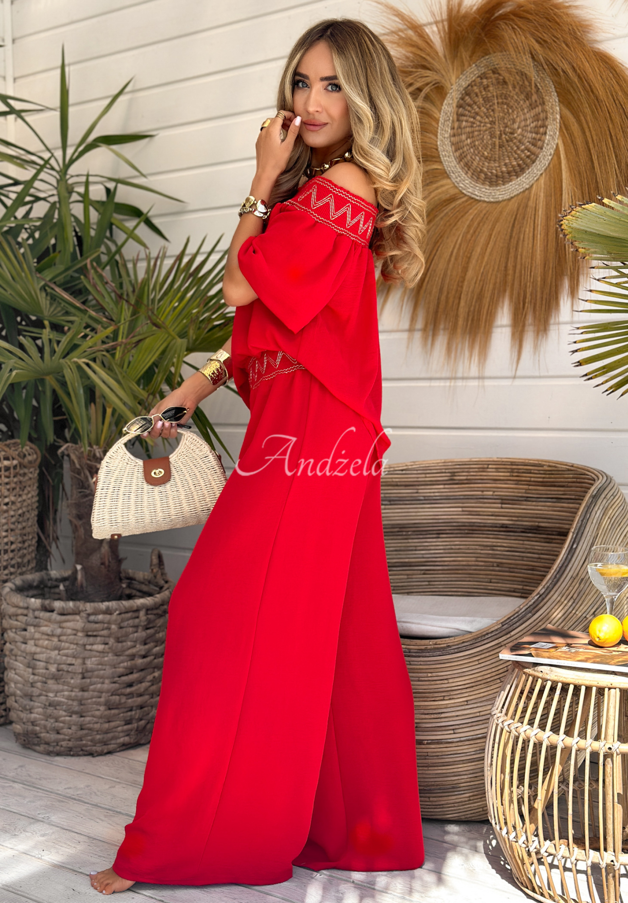 Set brodat Summer Life format din bluză și pantaloni wide leg