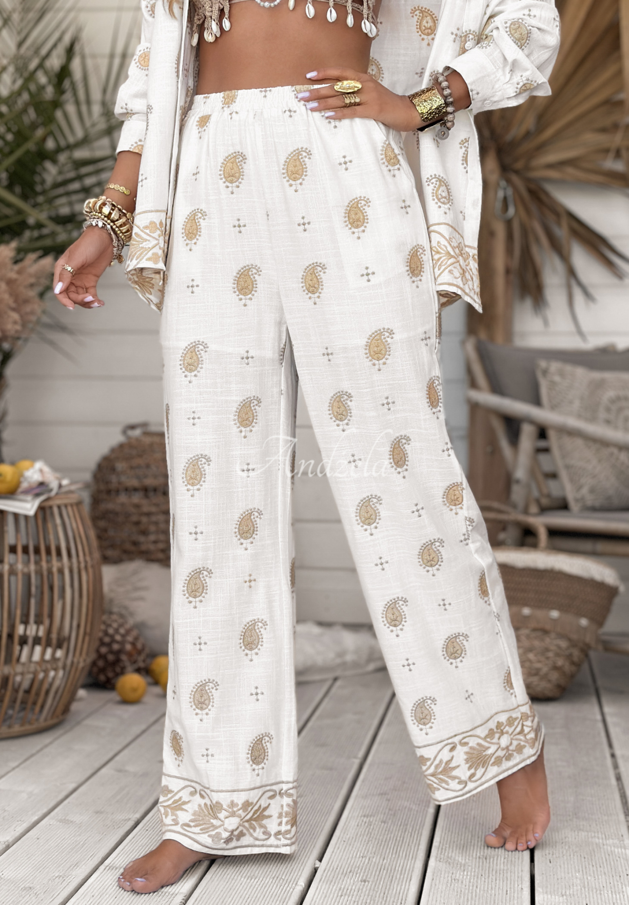 Pantaloni din in boho Serene Beaches cu broderii