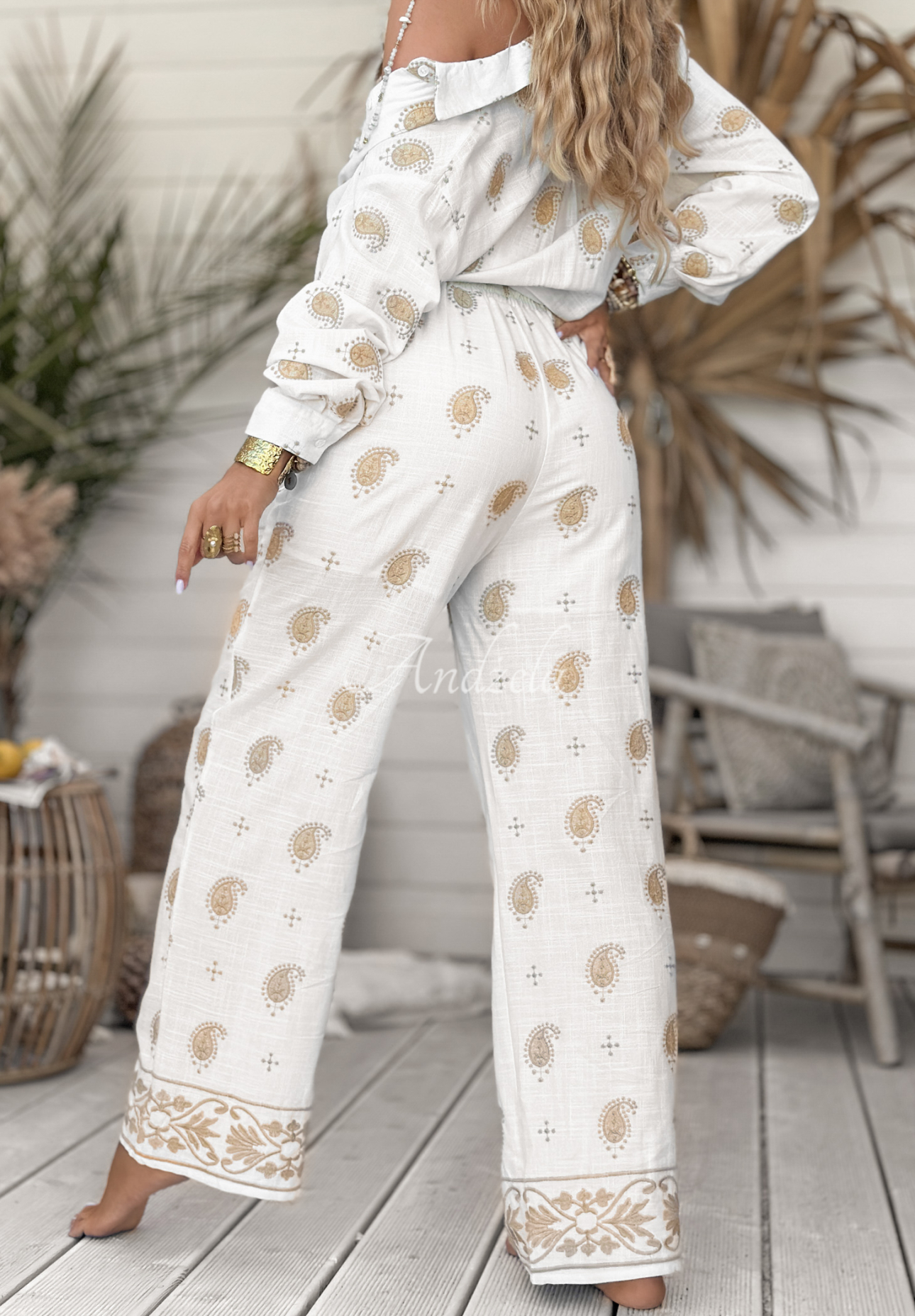 Pantaloni din in boho Serene Beaches cu broderii
