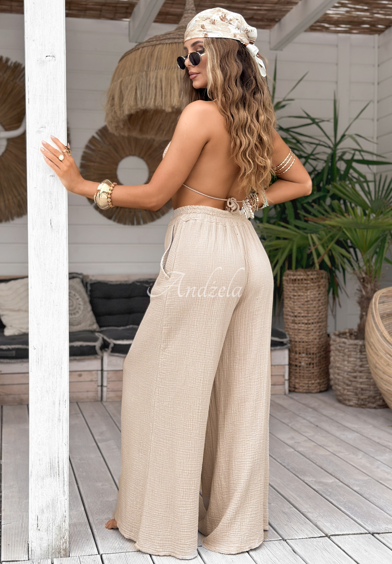 Pantaloni wide leg de muselină Paradise Bay