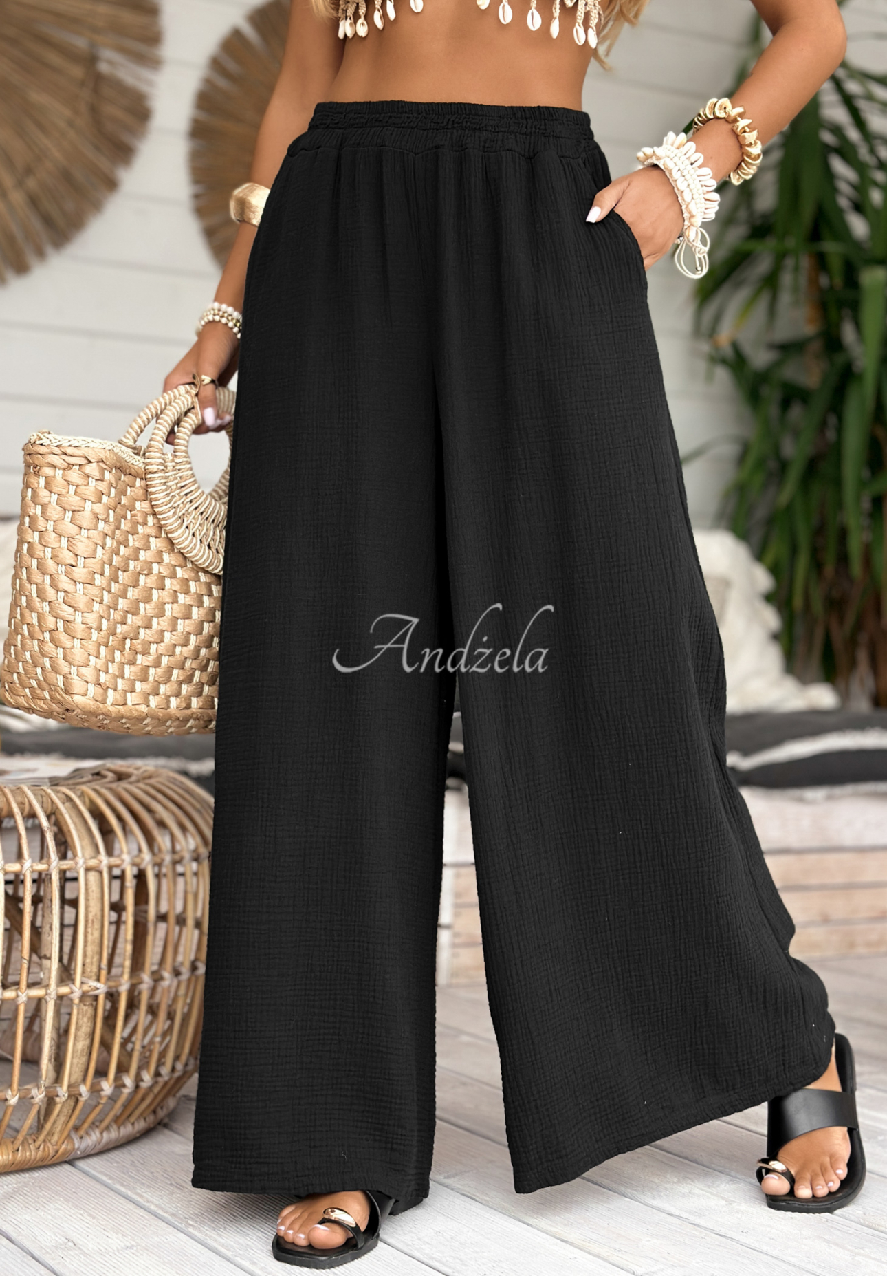 Pantaloni wide leg de muselină Paradise Bay