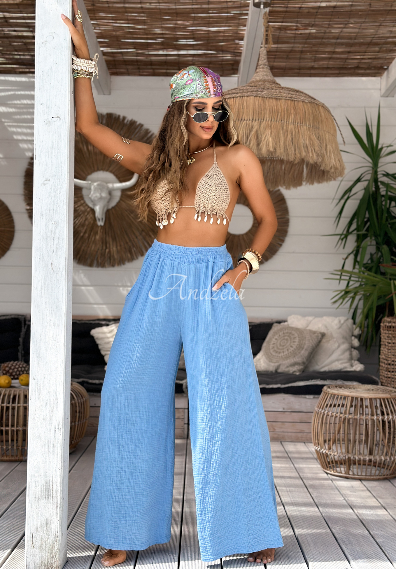 Pantaloni wide leg de muselină Paradise Bay