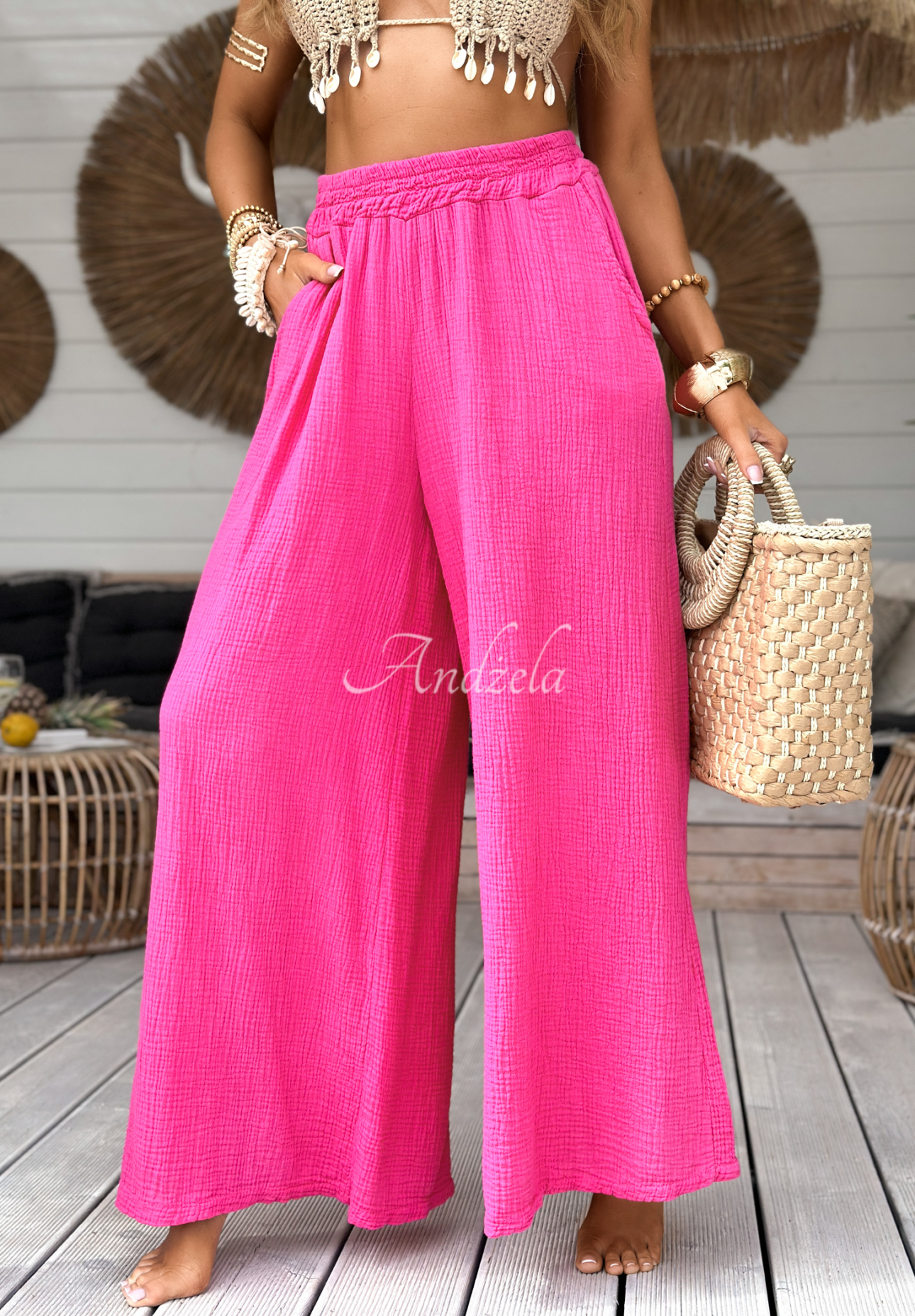 Pantaloni wide leg de muselină Paradise Bay