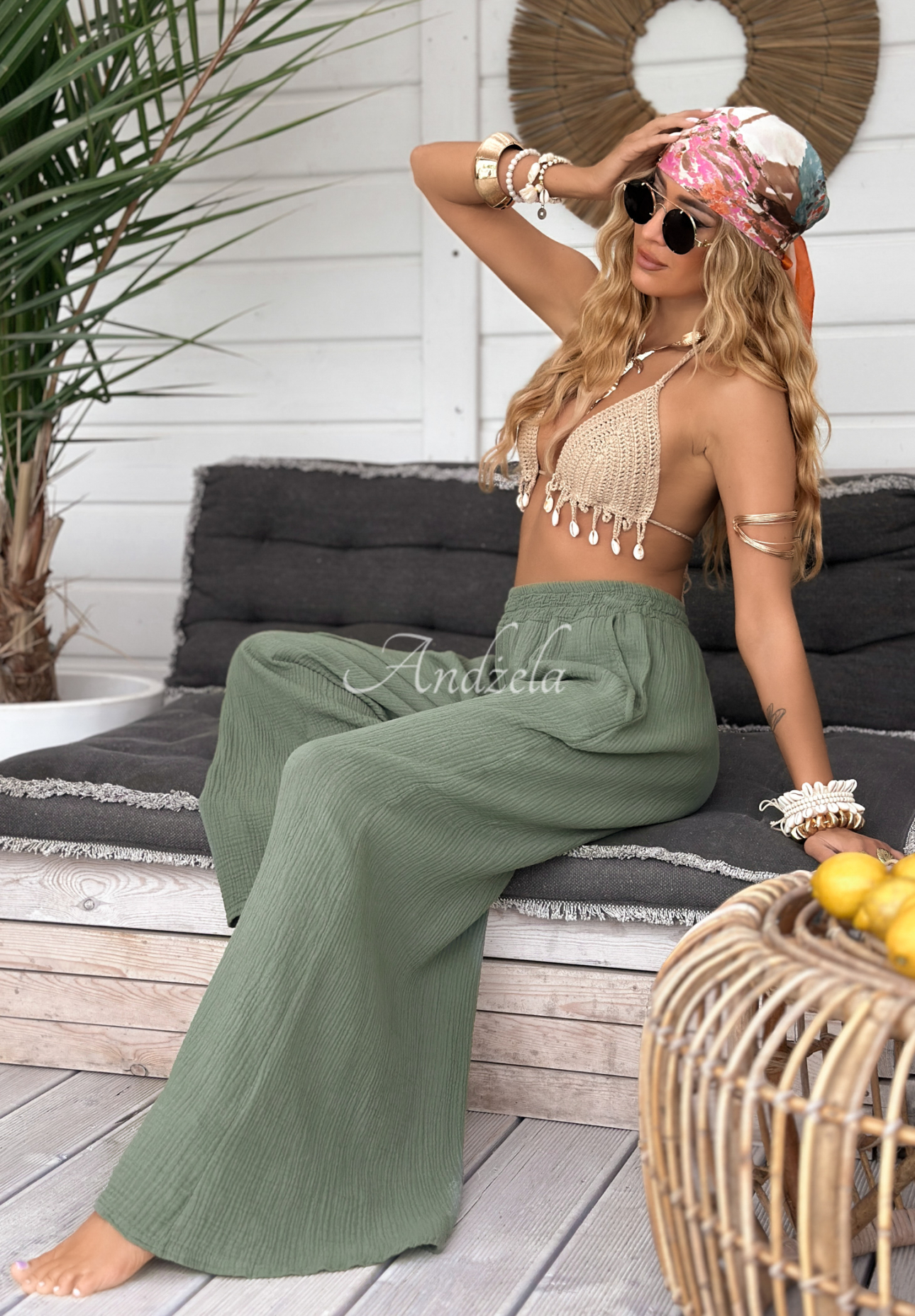 Pantaloni wide leg de muselină Paradise Bay