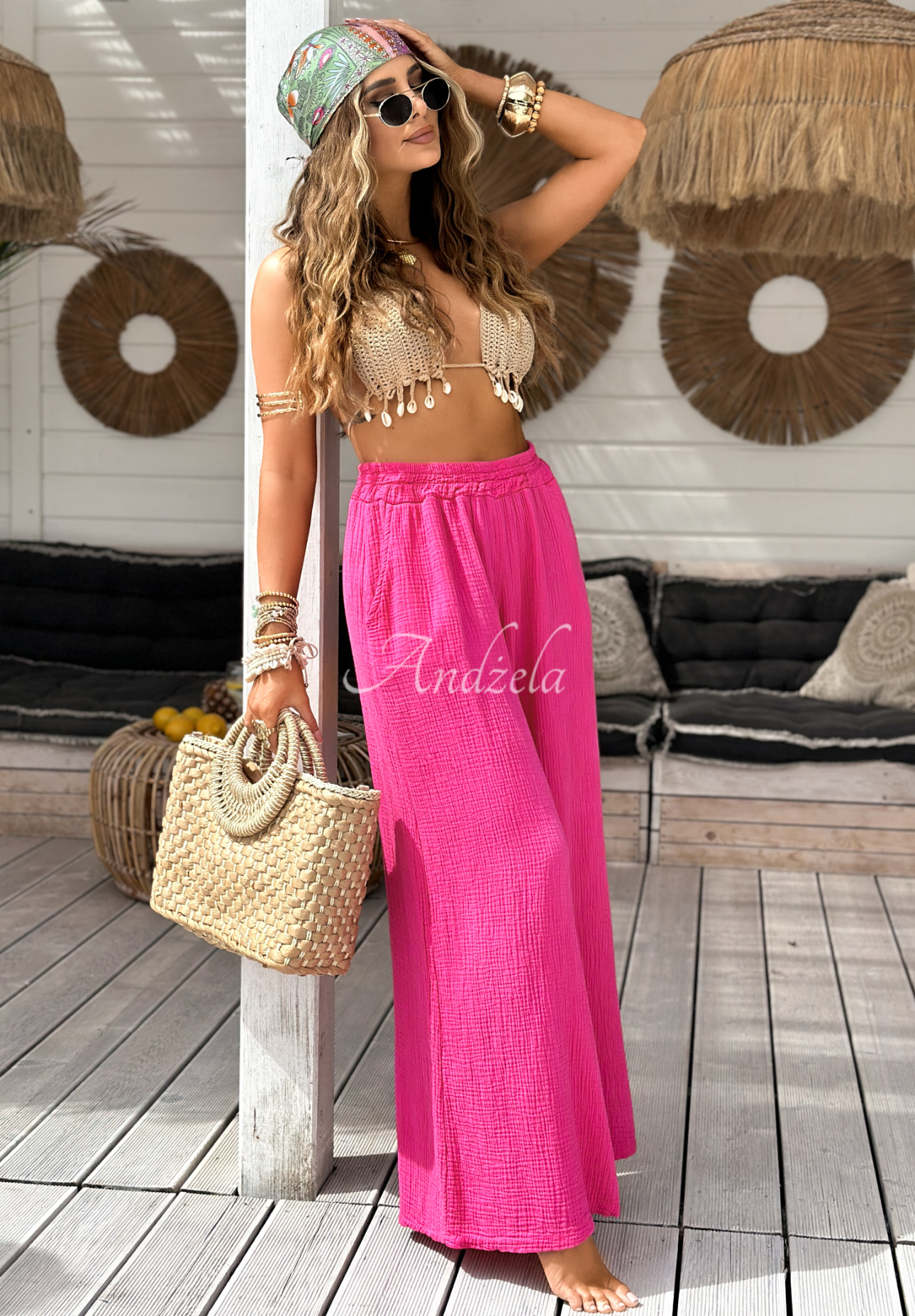 Pantaloni wide leg de muselină Paradise Bay