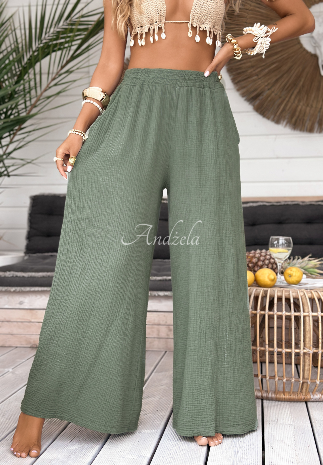 Pantaloni wide leg de muselină Paradise Bay