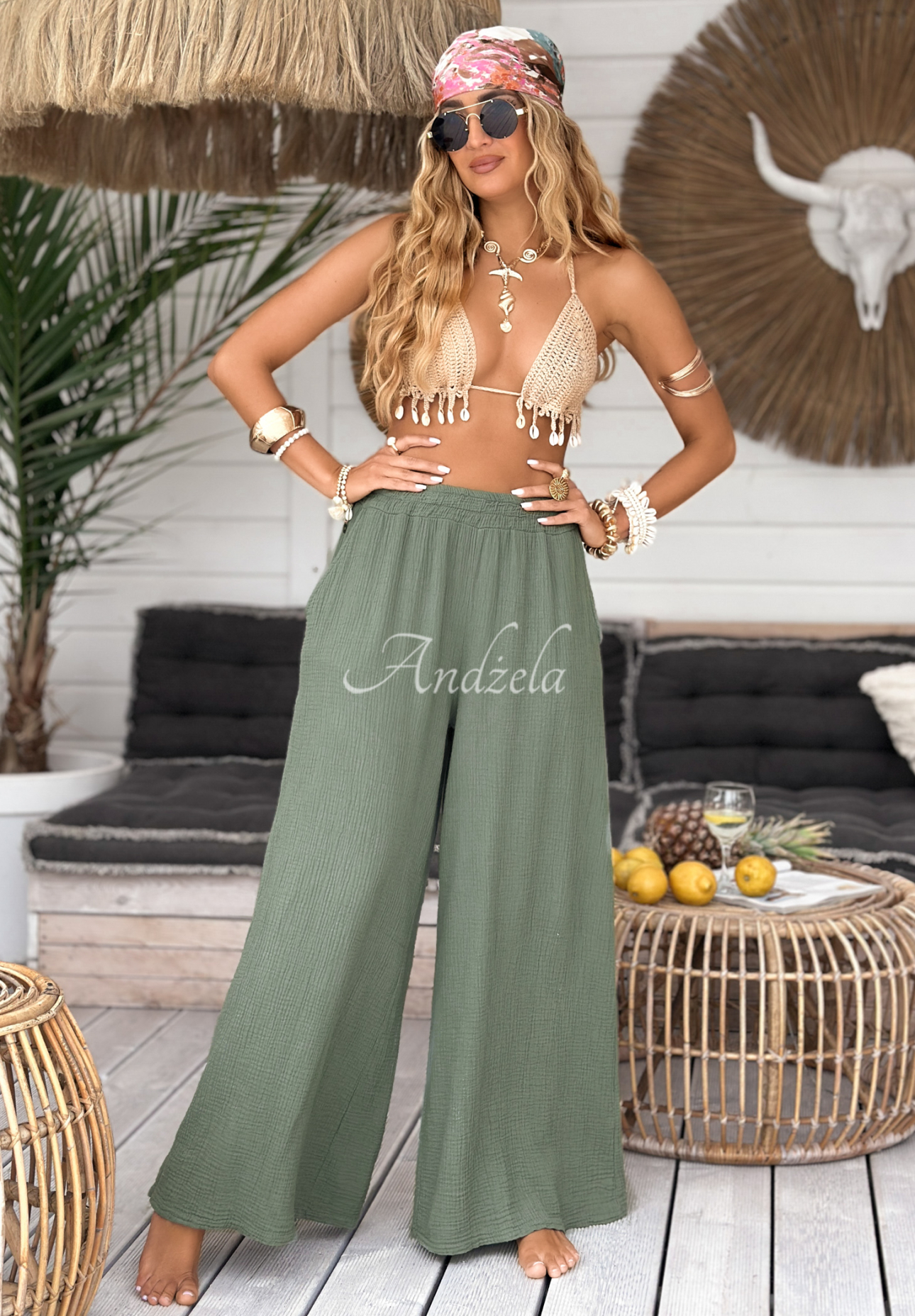 Pantaloni wide leg de muselină Paradise Bay