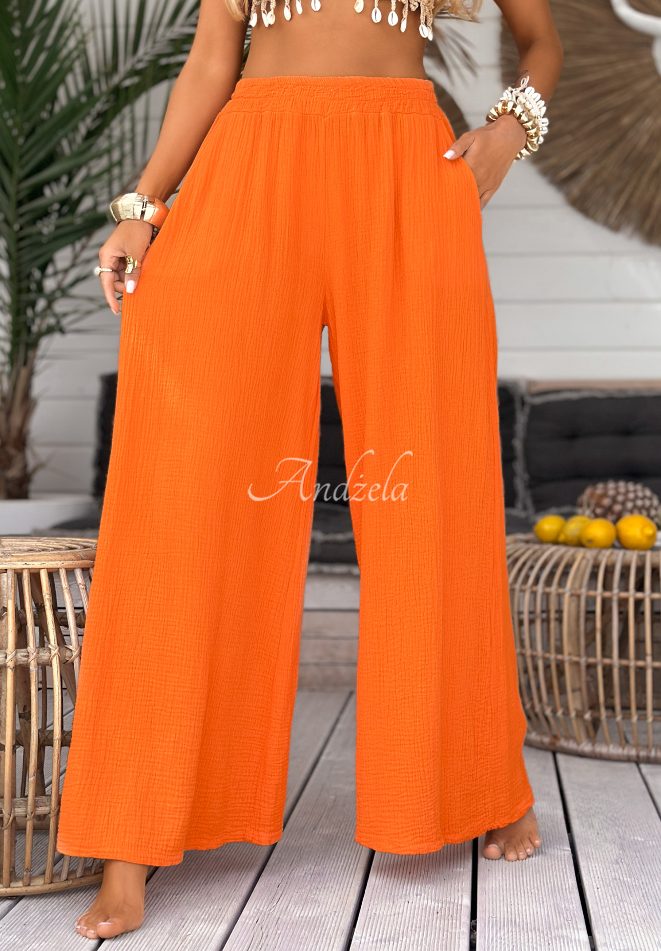 Pantaloni wide leg de muselină Paradise Bay