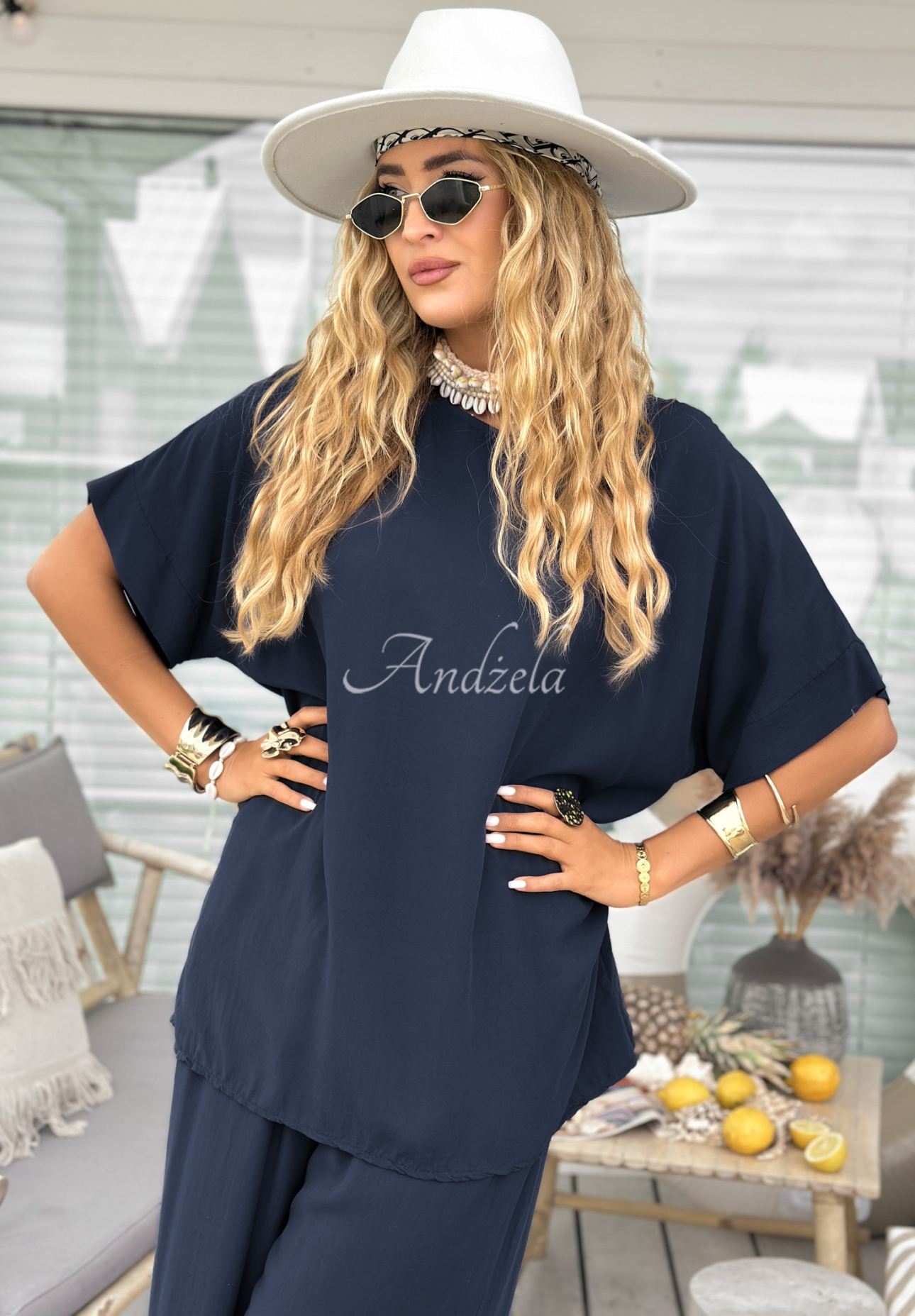 Set din viscoză Wind Whispers format din bluză și pantaloni wide leg