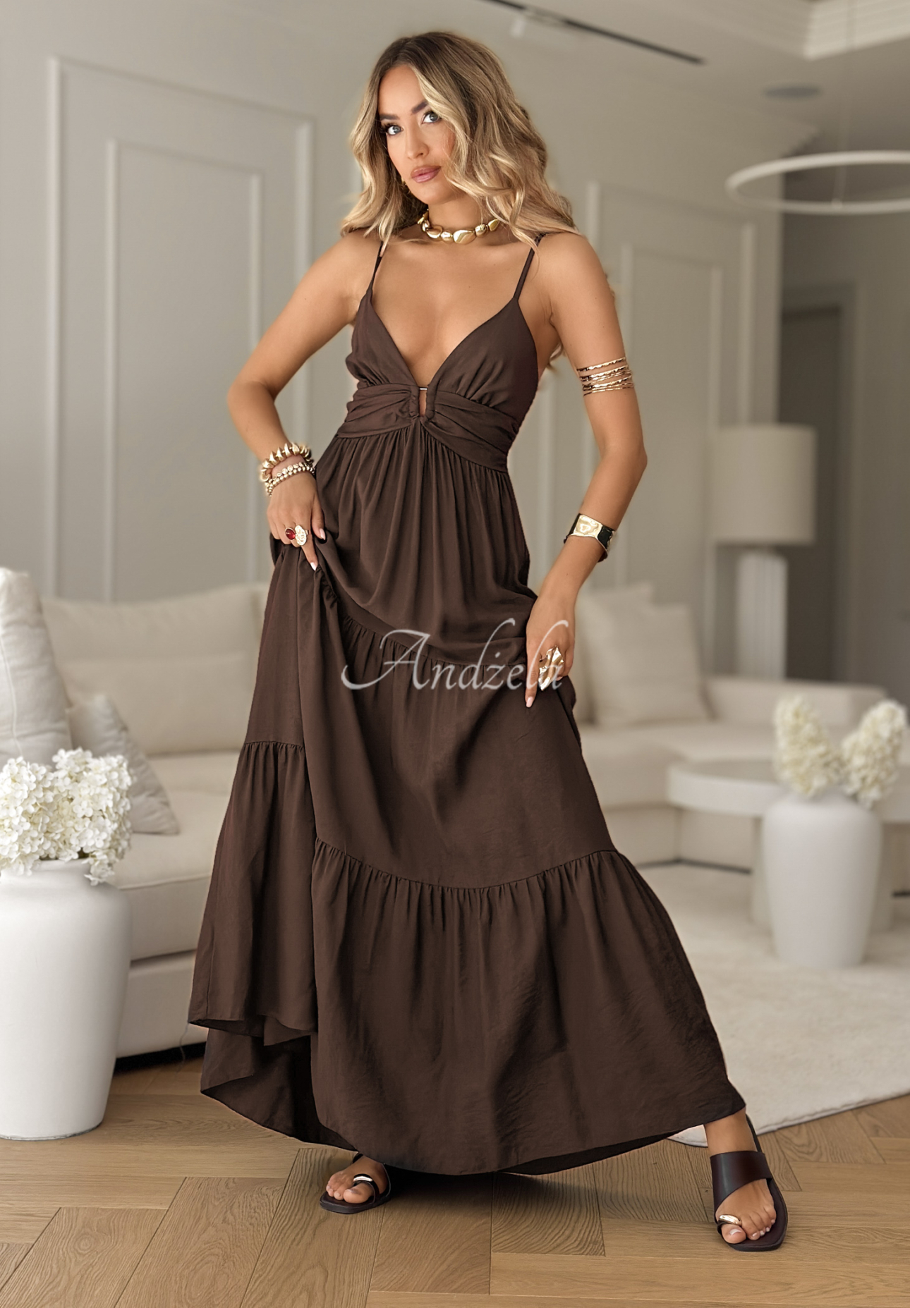 Rochie maxi din viscoză Memorable Sunrise cu bretele