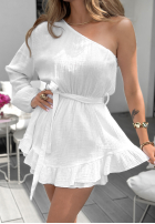 Krótki asymetryczny Salopetă z falbankami Latina Swirls Alb