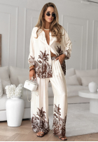 Satynowy Compleu Cămașă i Pantaloni wide leg cu modele Salina Cruz de culoarea vaniliei