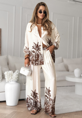 Compleu satinat cu imprimeu, din viscoză Salina Cruz format din cămașă și pantaloni wide leg