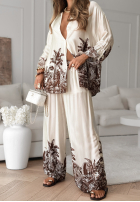 Satynowy Compleu Cămașă i Pantaloni wide leg cu modele Salina Cruz de culoarea vaniliei