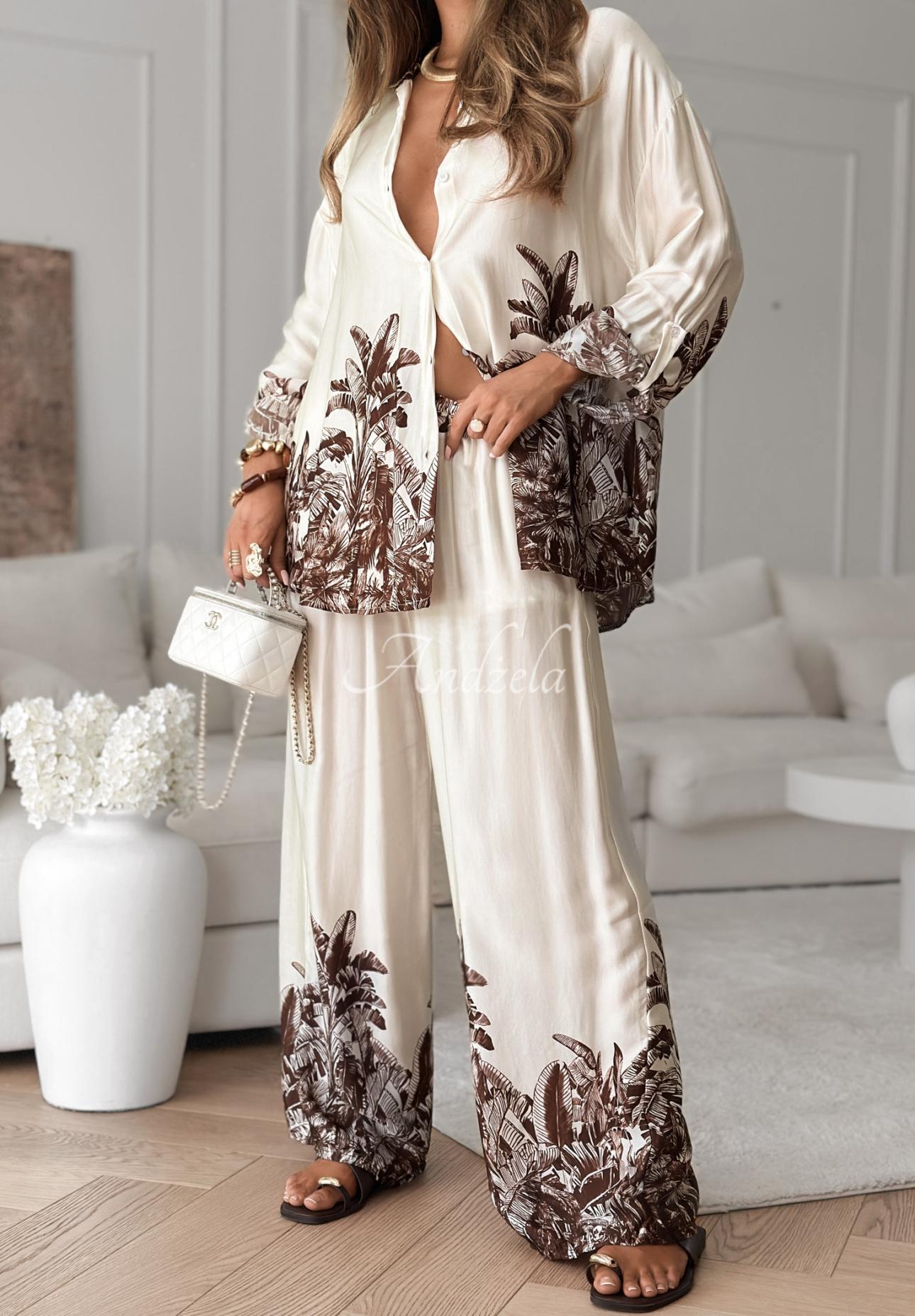Compleu satinat cu imprimeu, din viscoză Salina Cruz format din cămașă și pantaloni wide leg