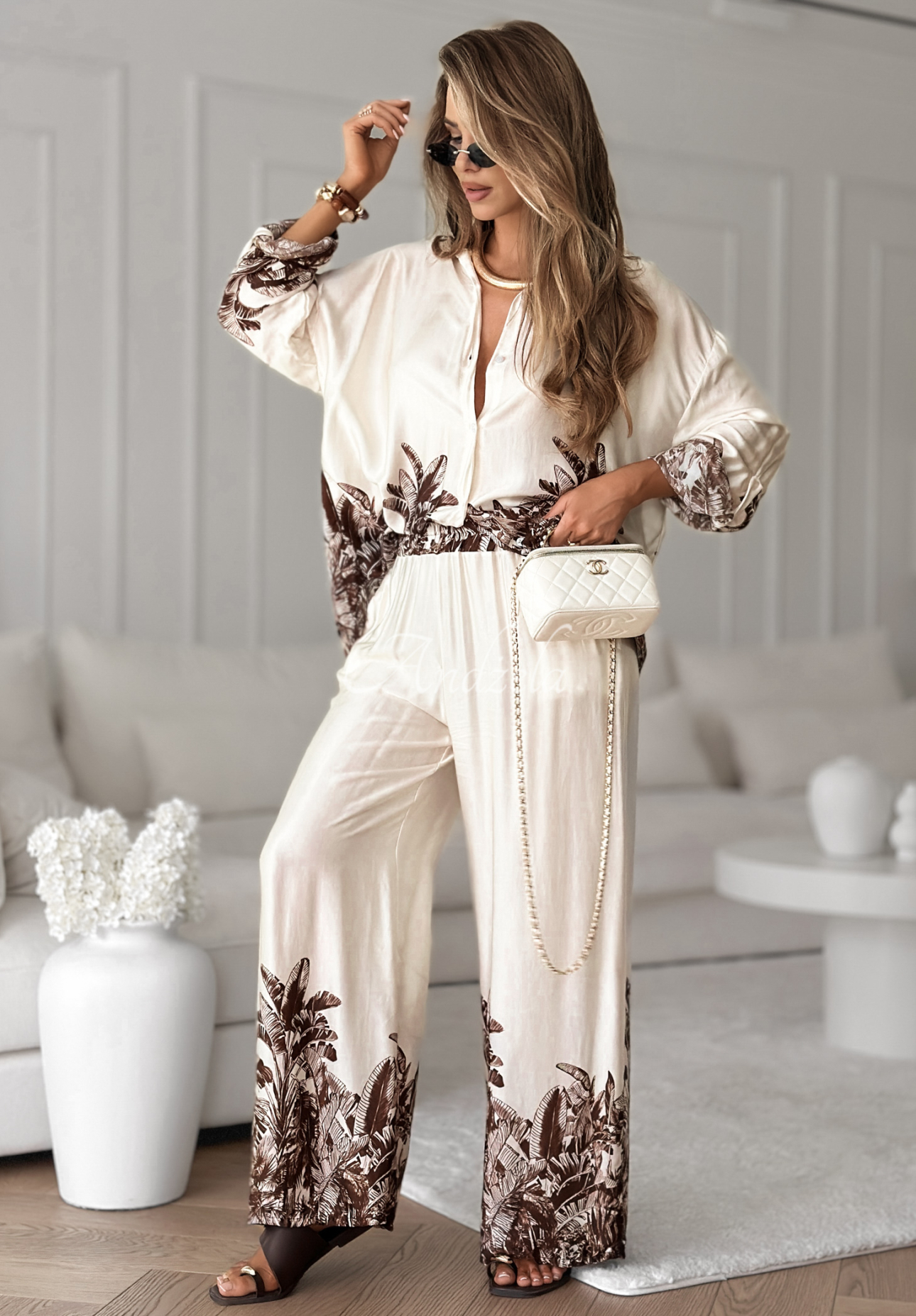 Compleu satinat cu imprimeu, din viscoză Salina Cruz format din cămașă și pantaloni wide leg