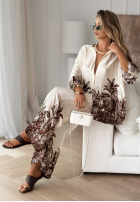 Satynowy Compleu Cămașă i Pantaloni wide leg cu modele Salina Cruz de culoarea vaniliei